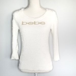 Bebe NWOT Fuzzy White and Gold Sweater